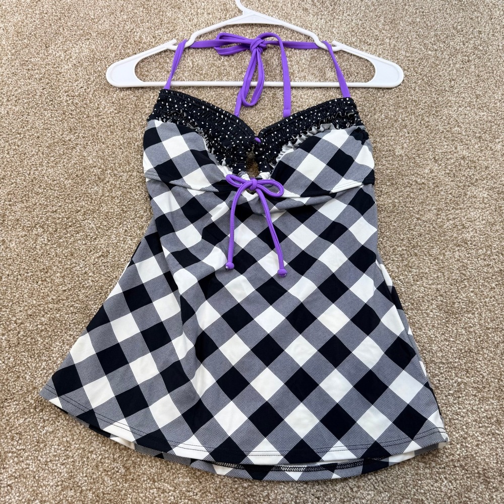 Hula Honey Womens Buffalo Plaid Tankini Top Purple Halter Ruffle Black L Swim